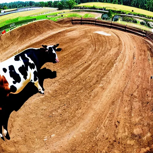 Prompt: a cow standing on a motocross track, fisheye lens