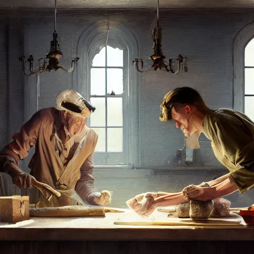 Prompt: sargent and leyendecker and greg hildebrandt, butcher shop in the world of andrew wyeth, stephen bliss, unreal engine, fantasy art by greg rutkowski, loish, rhads, ferdinand knab, makoto shinkai, ilya kuvshinov, rossdraws, global illumination, radiant light, detailed and intricate environment