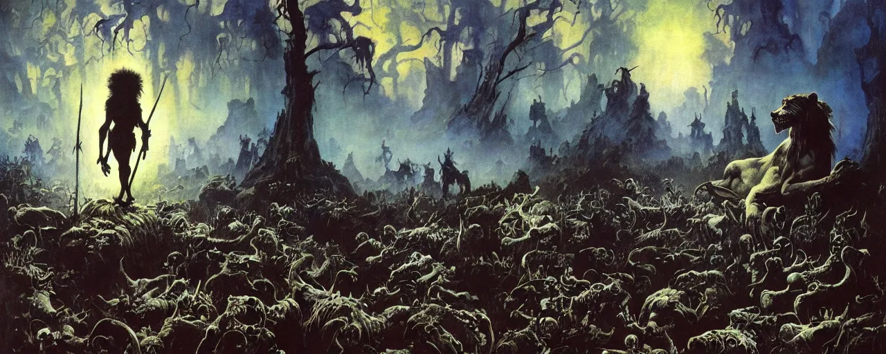 Image similar to frazetta painting of forest of souls filled with skeletons on the ground, backlight on anthropomorphic lion silhouette standing in epic pose ,nighttime ,daytime , backlight , detailed visible brushmarks