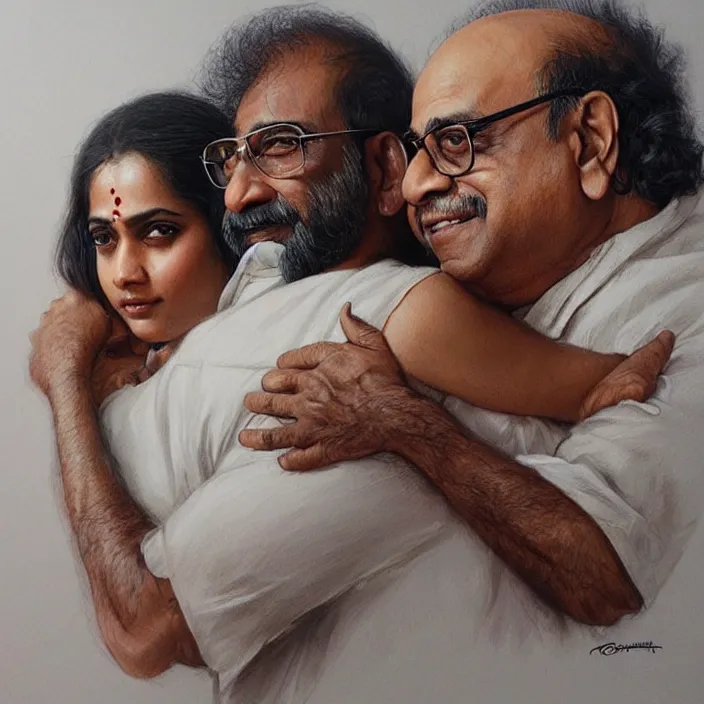 Prompt: portrait of tall indian man hugging danny devito, elegant, real life skin, intricate artwork, high detailed, artstation, concept art, smooth, sharp focus, art by artgerm and greg rutkowski