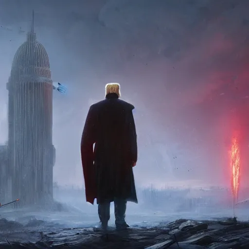 Image similar to Donald Trump as a jedi hero, capitol hill, post-apocalyptic, cinematic, atmospheric, highly detailed, artstation, wlop, stålenhag, Emanuel Leutze, Carl Wahlbom