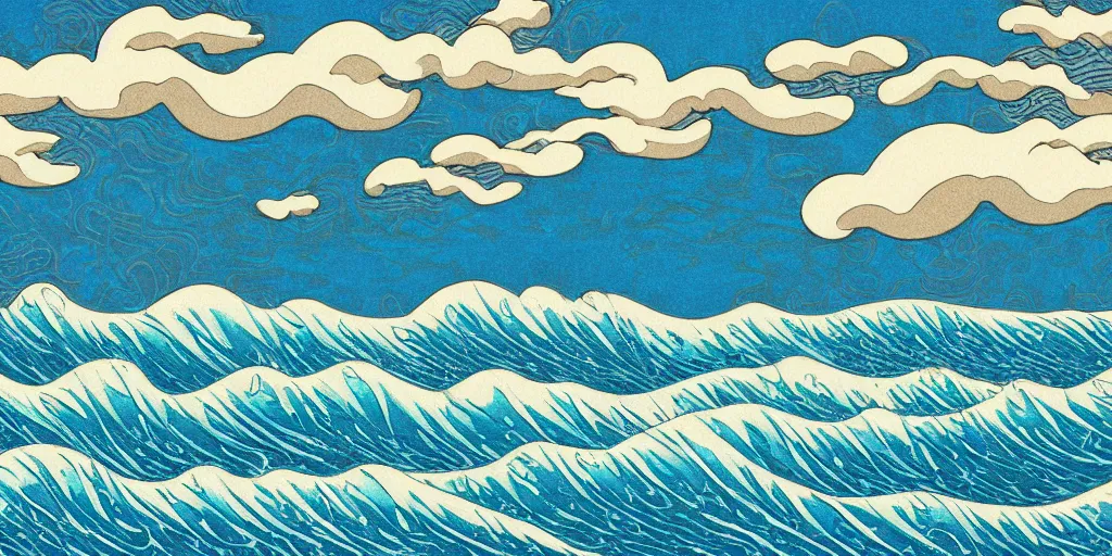 Image similar to clouds and waves, An aesthetically pleasing, dynamic, energetic, lively, well-designed digital art of a beach, ripples, waves, sea foam, light and shadow, overlaid with aizome patterns, Shin-hanga by Bob Ross, traditional Japanese colors, superior quality, masterpiece