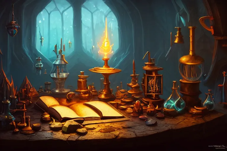 Prompt: cluttered, table, spell book, wizards laboratory, tony sart, window, mortar, pestle, glowing powder, compass, alembic, streams of flowing light, beakers of colored liquid, greg rutkowski