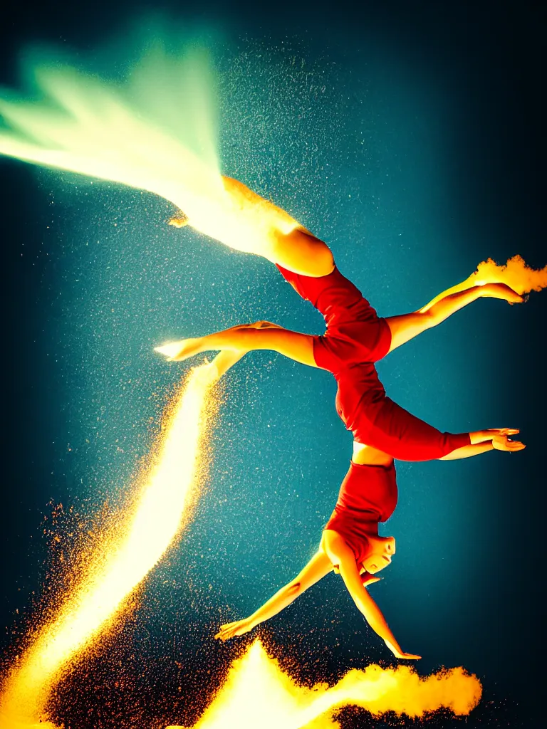 Image similar to a perfect colorised portrait photograph of a backflip woman, erupting in every direction, jets of glowing effluent and metallic chunks.