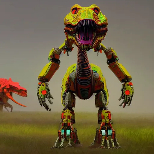 Image similar to a character art rendering of a brightly colored robot T-rex made of mechanical parts, cartoonish psychedelic paleoart rendering, realistic dinosaur cyborg in the style of greg rutkowski and simon stålenhag, made with zbrush