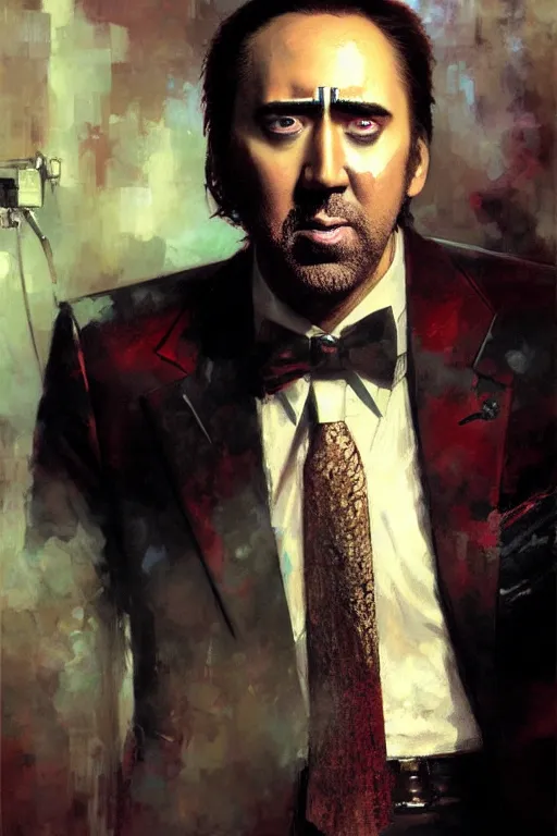 Prompt: nic cage pickle wearing an eye patch and a suit and tie extreme detail portrait dnd, painting by gaston bussiere, craig mullins, greg rutkowski, yoji shinkawa