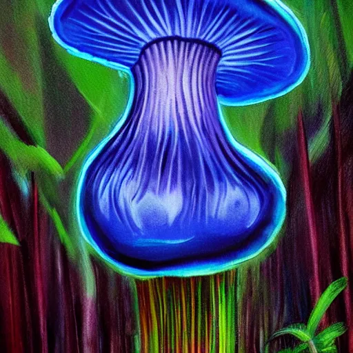 Prompt: A huge glowing blue mushroom inside a rainforest, eerie vibes, oil painting