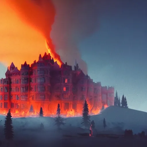 Image similar to a royal grand medieval castle on fire, on top of a hill, birds eye view from a distance, intense smoke, burning down, intense flames, center focus, landscape by simon stalenhag, rendered by beeple, by makoto shinkai, digital art