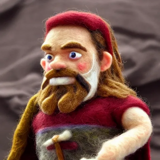 Prompt: needle felted gimli from the return of the king (2003), highly detailed, tilt shift, cute, hyperrealism, highly textured, god rays