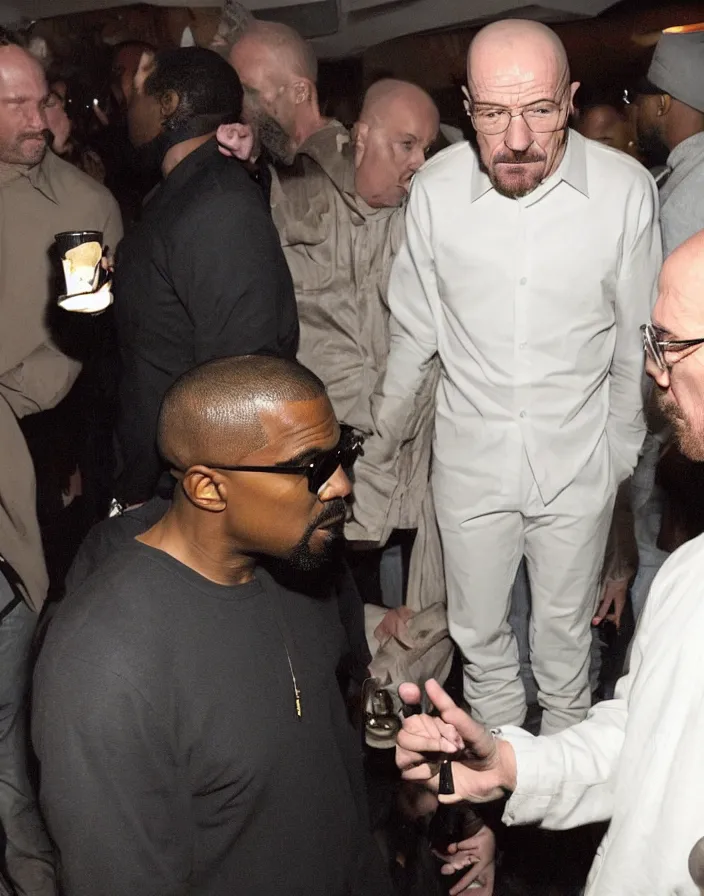 Prompt: Walter White chatting with Kanye West in a club, bad quality, phone photo, leaked photo, paparazzi photo, realistic, 720p