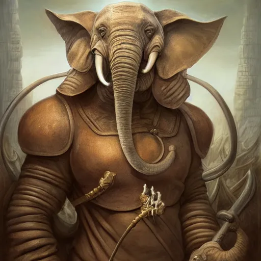 Image similar to fantasy portrait, elephant man, d & d loxodon, wearing loincloth, holding holy symbol, rpg game, main character, detailed, digital painting, artstation, sharp focus, illustration, tomasz alen kopera, peter mohrbacher, donato giancola, joseph christian leyendecker, wlop, frank frazetta