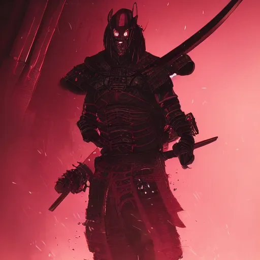 Image similar to a vivid portrait of a predator samurai, trending on artstation, scary, intimidating, dark, unreal engine, studio lighting, black and red color scheme