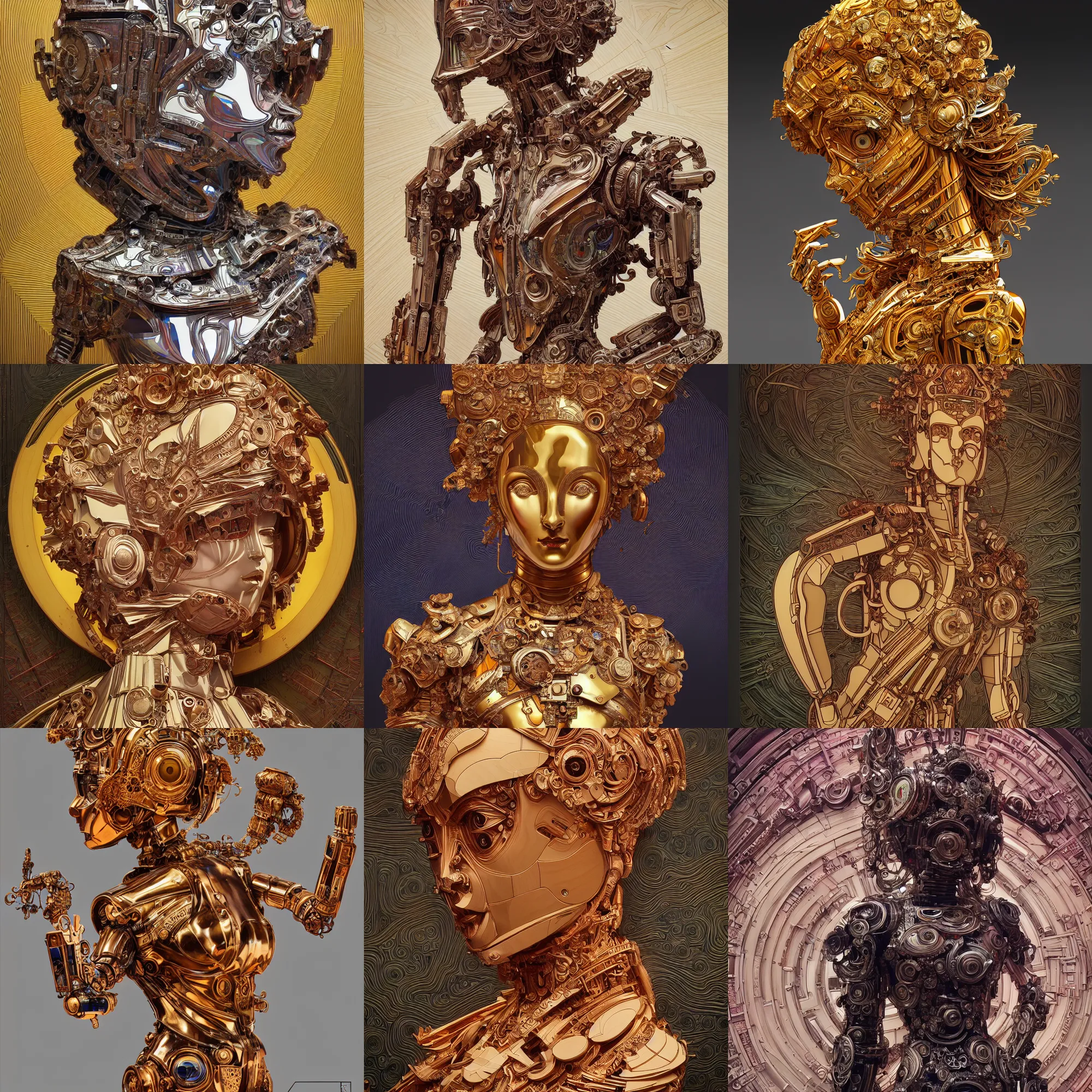 Prompt: vibrant ultra clear wooden sculpture of beautiful cute robot roman god by sandra chevrier laurie greasley gustave dore ron english alphonse mucha, cybernetics, low contrast, cinematic dramatic lighting, hyper realistic render, hypermaximalist, ornate, epic composition, 4 k 8 k, cryengine octane blender, sharp focus, concept art, masterpiece of art