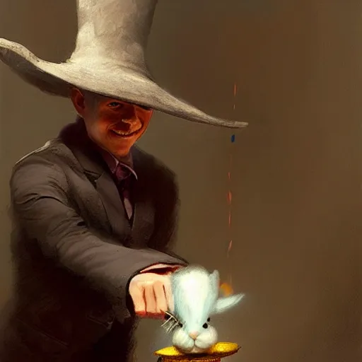 Image similar to a magician pulling a hat out of a rabbit painted by greg rutkowski wlop