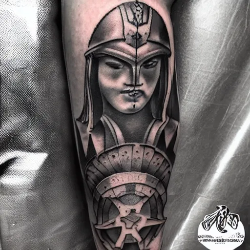 Prompt: medium shot of a gladiator wearing a galea, tattoo, tattoo art, Black and grey tattoo style