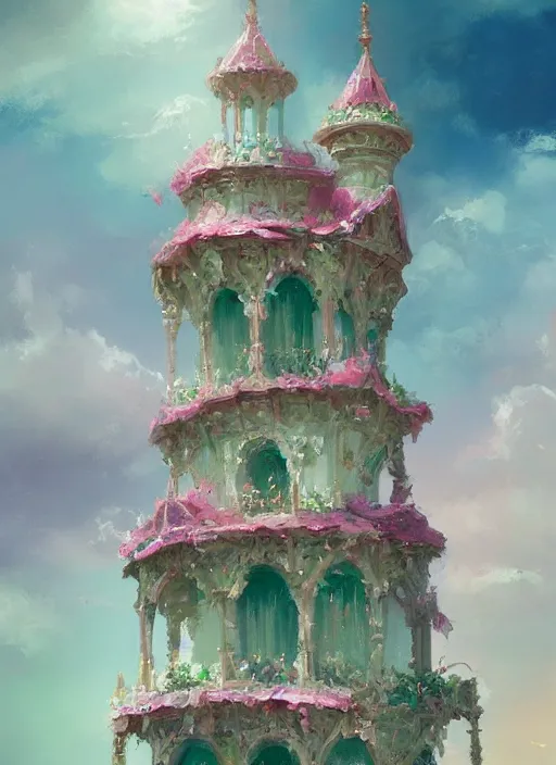 Image similar to a delicate ornate white fantasy tower with pink and green decoration splashes upwards from a turbulent ocean, dramatic lighting, rich colors, beautiful oil painting, artstation