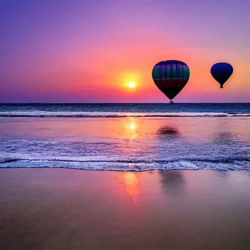 Image similar to a hot air balloon floats over a beach at violet sunset
