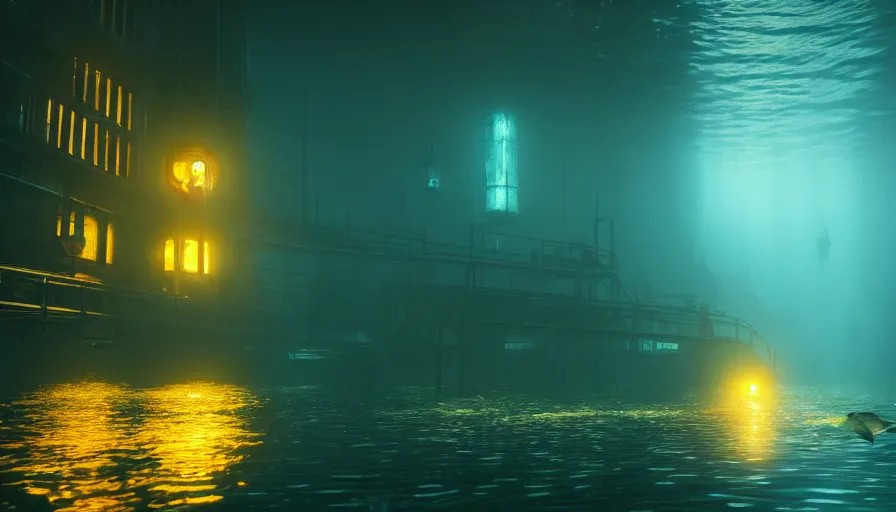 Prompt: a city underwater, landscape shot, small fish swimming around, yellow lights, by jmw turner, cold colors, highly detailed, moody lighting, bioshock style, octane render, 4 k, 8 k, ultrarealistic