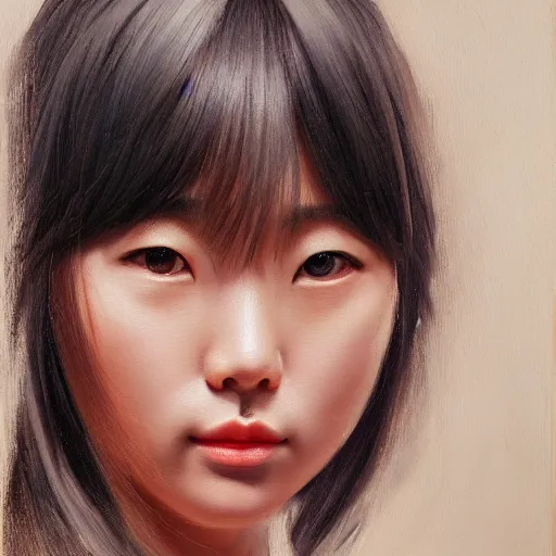 Image similar to perfect, realistic oil painting of close-up japanese girl face, in Marvel style, by an American professional senior artist, Hollywood concept, dynamic composition and motion, postproduction.