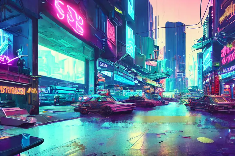 Image similar to a dreamlike cyberpunk city sit in the very far future, neon signs, shops and bars, floating buildings, glowing neons, synthwave, slightly abstract, rich deep colors, 4 k, realistic photography, flying cars in the distance, robot humanoids, anthropomorphic vehicles, fantasy setting, brilliant dreamy lighting, 8 0 s vibe, morning, blue sun