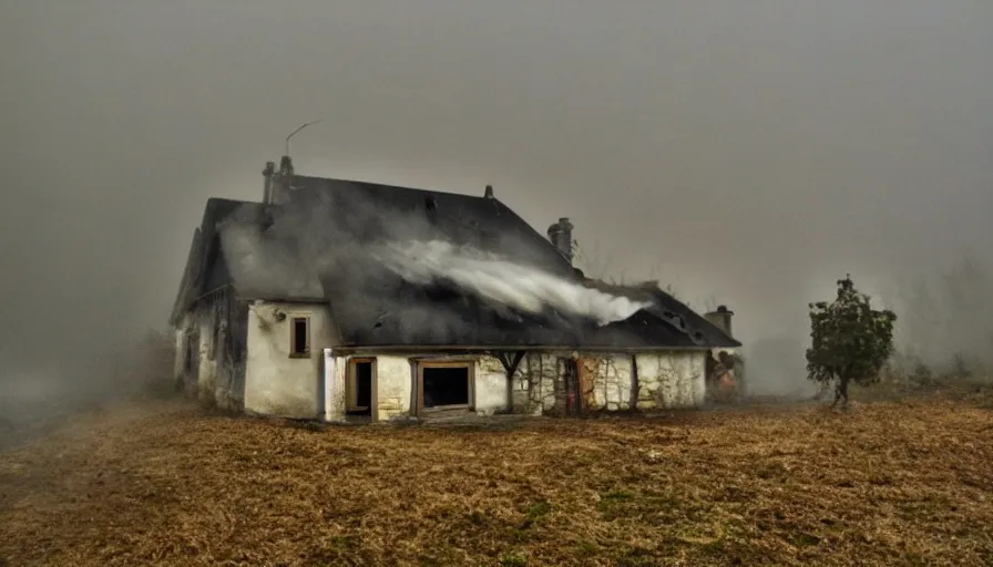 Prompt: mini dv camera found footage of a heavy burning french style little house, heavy rain, foggy, in a small northern french village, heavy grain, very low quality, high detail, dramatic light