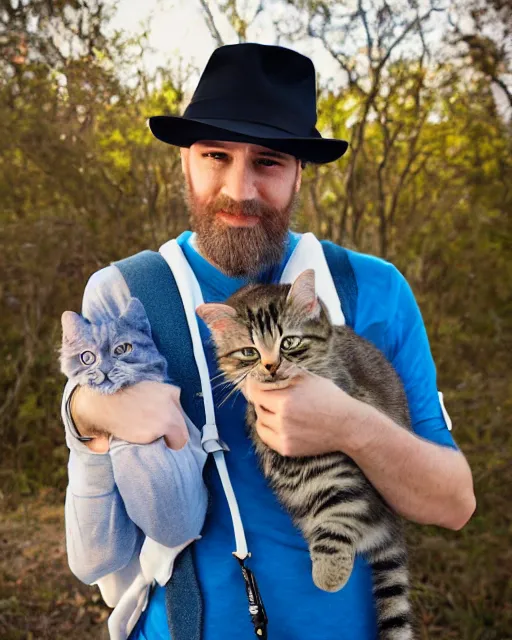 Image similar to gentlemen wearing a hat and wearing a baby sling on the back with a kitten in the sling, color studio portrait, golden ratio, backlit, happy, detailed eyes