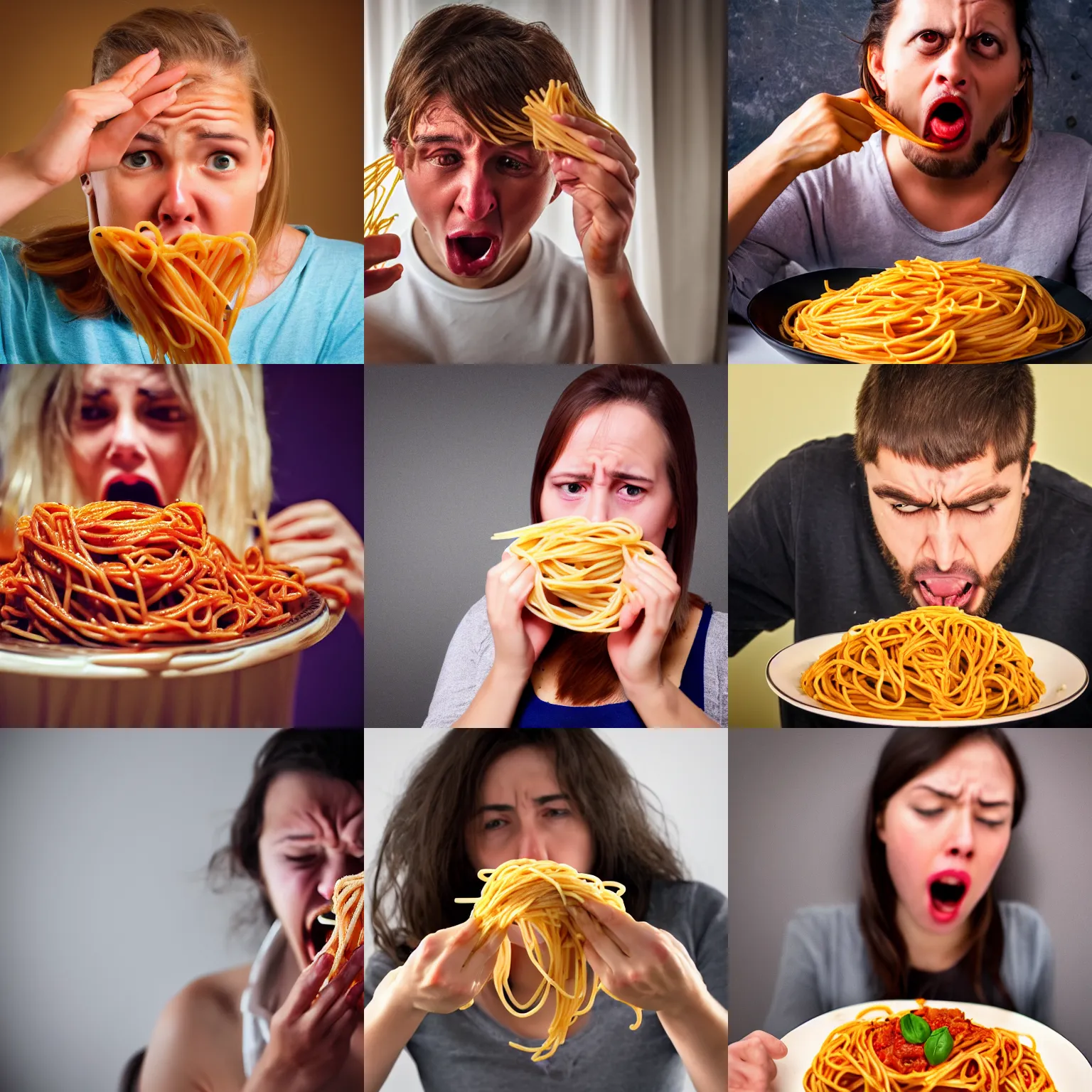 Prompt: a horrified person in front of a dish of spaghetti, high quality photography, detailed, 8k