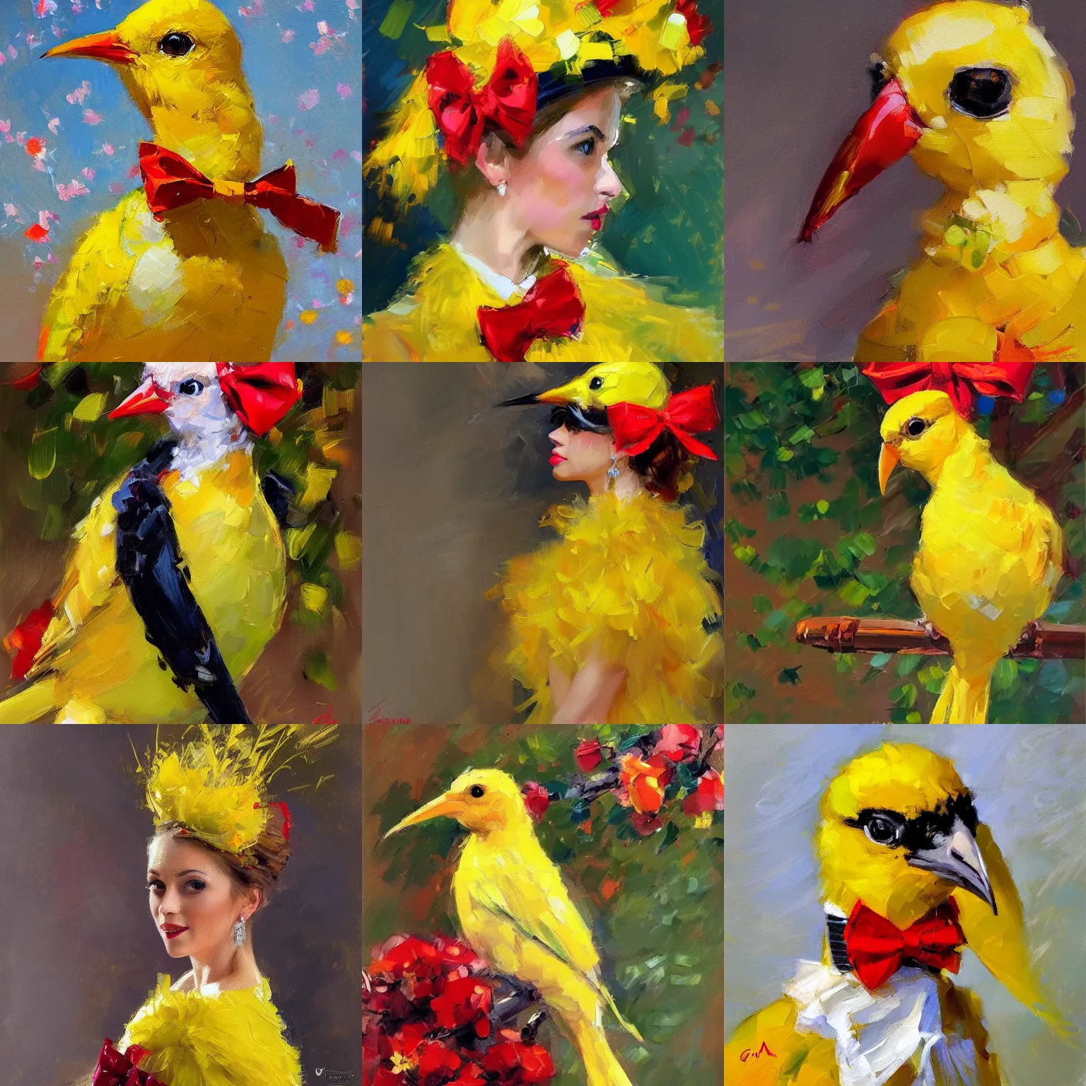 Prompt: an elegant yellow BIRD wearing a crown and a red bow tie, painting in the style of Michael Garmash, very very beautiful, high quality, detailed, 4k, impressionism