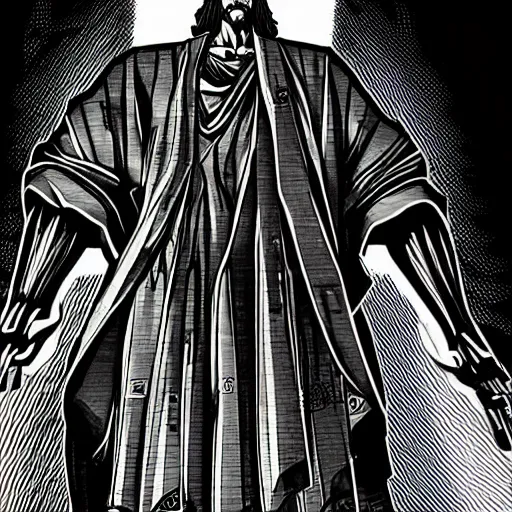 Prompt: detailed manga illustration of christ the redeemer statue as a killer robot, cyberpunk, dark, akira