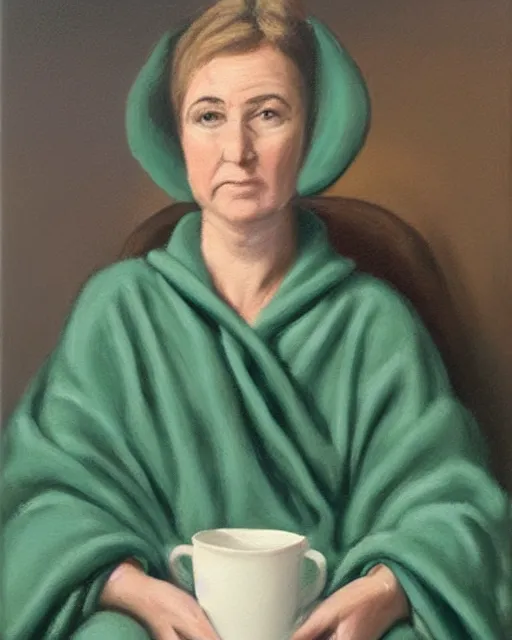 Prompt: an oil painting portrait of a woman wearing a snuggie and holding a mug, seated, soft lighting, muted background, classical