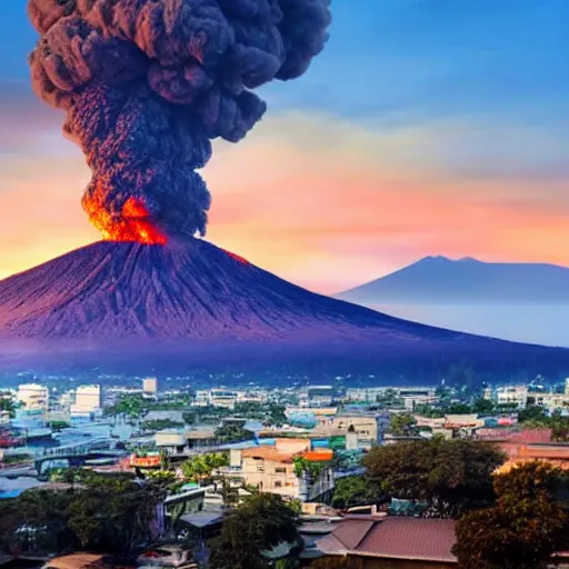 Prompt: a large plume of smoke rising from a volcano at sunset, a matte painting by basuki abdullah, shutterstock contest winner, sumatraism, creative commons attribution, associated press photo, pixiv