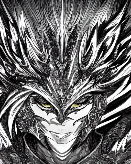 Image similar to A phoenix, black and white, epic, highly detailed, close-up, fantasy art, dragon art, in the style of masami kurumada, illustration, epic, fantasy, intricate, hyper detailed, artstation, concept art, smooth, sharp focus, ray tracing