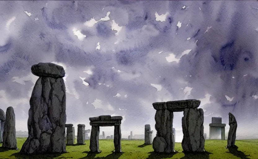 Image similar to a hyperrealist watercolour character concept art portrait of one small grey medieval monk pointing up in the air in front of a floating portal above a complete stonehenge monument on a misty night. by rebecca guay, michael kaluta, charles vess and jean moebius giraud