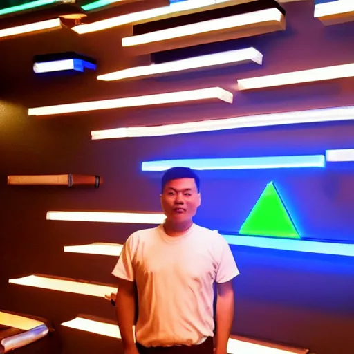 Prompt: a vietnamese daytrader named jay standing proudly in front of triangular nanoleaf led lights on his wall