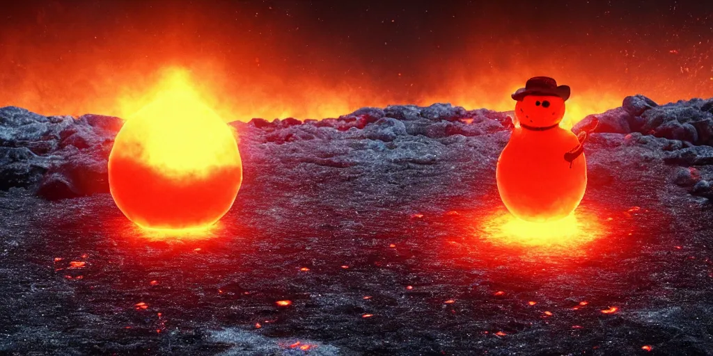 Prompt: a melted glowing snowman melting on top of the sun. the ground is made of fire and lava and is glowing orange. cinematic, dramatic, epic, volumetric lighting, atmospheric, red, orange extremely coherent, 8 k, space, warm, solar flare, blade runner 2 0 4 9