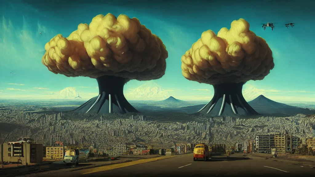 Image similar to Nuclear Fallout towering over the town of Quito by Simon Stålenhag and J.M.W. Turner, oil on canvas; Art Direction by Adam Adamowicz; 4K, 8K epic drone shots; Ultra-Realistic Depth Shading