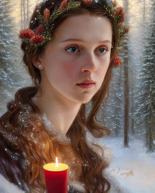 Image similar to a realistic candlelit portrait painting of a thoughtful girl resembling a young, shy, redheaded alicia vikander or millie bobby brown wearing a christmas wreath in her hair and peasant dress carrying a candle in a deep snow - covered forest at night, highly detailed, intricate, concept art, artstation, by donato giancola, alphonse mucha, and william bouguereau