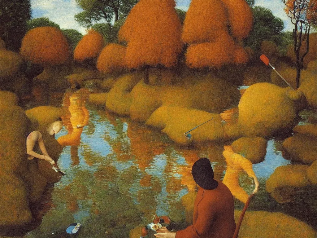 Prompt: Portrait of a painter washing his brush in a river. Humanoid rocks, coral-like pebbles, autumn light. Painting by Jan van Eyck, Rene Magritte, Jean Delville, Max Ernst