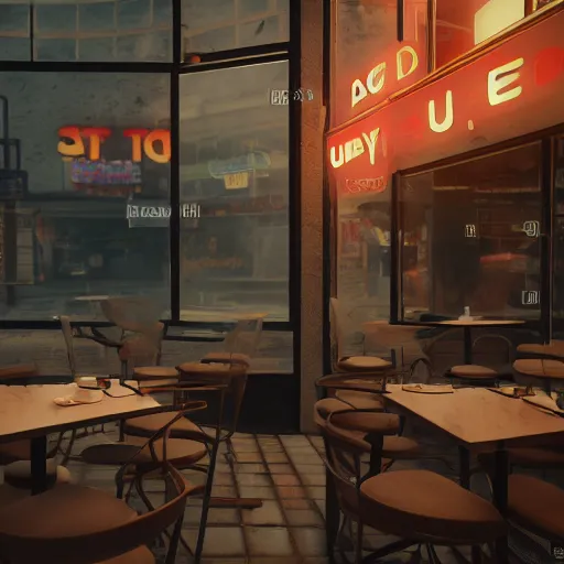 Prompt: Donuts at a cafe, muted cyberpunk style, tranquil, desolate, atmospheric, hazy, sweltering, autochrome, 8k, reflections, octane render, unreal engine 5