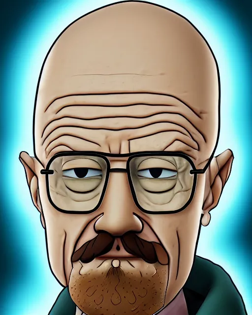 Image similar to portrait of walter white in the style of justin roiland. heisenberg from breaking bad. cinematic lighting. style of rick & morty. photographic, photography. by justin roiland