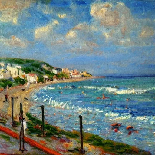 Image similar to a town by the seaside, impressionist