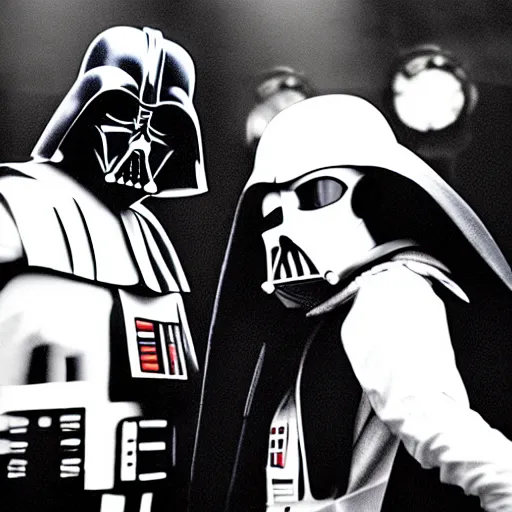 Image similar to 90s black and white photo of darth vader and eminem in a rap battle, slightly blury