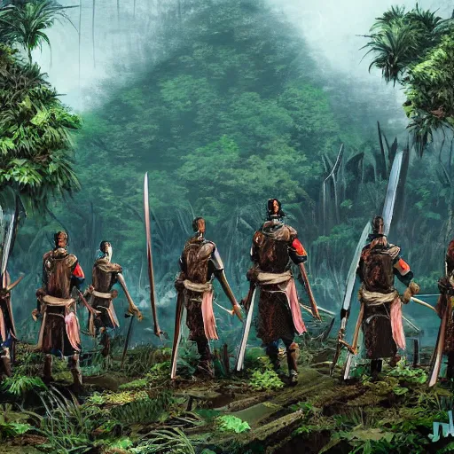 Image similar to an army of samurai standing in the ruins of a destroyed monastery, they are in a jungle with vines everywhere, digital art, artstationhq