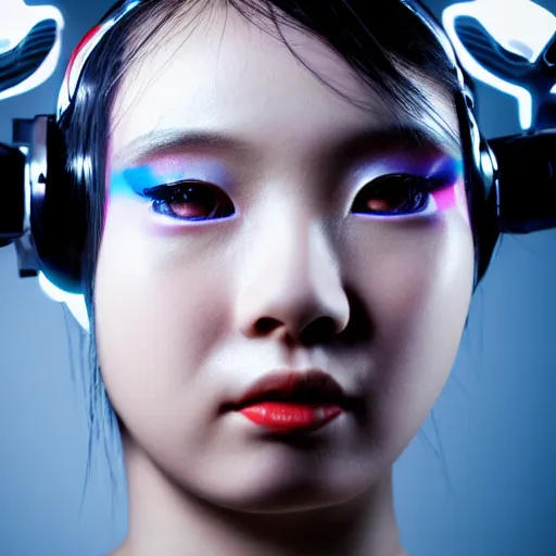 Prompt: photorealistic concept portrait of cute cyber punk geisha girl from Japan. she is wearing heavy complicated future headsets. award winning, taken by canon 5d mk4, art lens, perfect lighting, sci-fi, at 2200, vogue magazine, fashion week super model