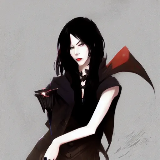 Image similar to female human vampire witch in the style of greg rutkowski, makoto shinkai, trending on artstation, character design, concept art, pretty face, highly detailed, long black hair, portrait, digital art