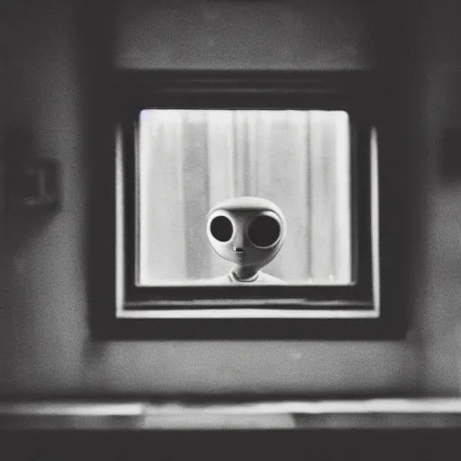 Image similar to a real photo of an alien looking through a window, realistic, vintage photo, old photo, sepia, grainy