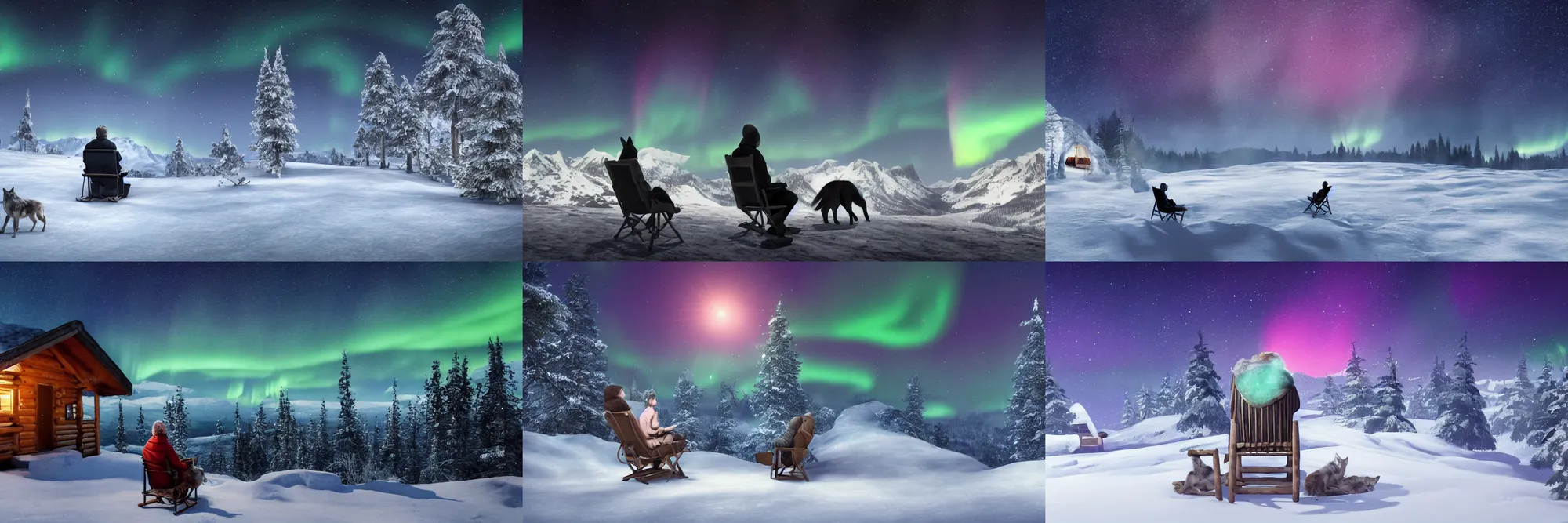 Prompt: person sitting in a chair outside a cabin on top of a mountain during winter, during nighttime with wolves in the distance and clear sky with stars and aurora visible, concept art, 4k, artstation