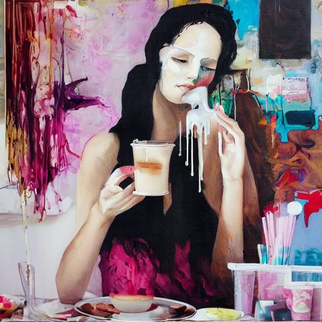 Prompt: “ sensual, a portrait in a female art student ’ s apartment, pancakes, woman drinking an iced latte from a painting, berries, art supplies, a candle dripping white wax, berry juice drips, neo - expressionism, surrealism, acrylic and spray paint and oilstick on canvas ”