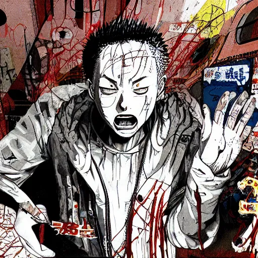 Image similar to tetsuo from akira painting graffiti in a subway train in neo tokyo, post apocalyptic scene, katsuhiro otomo, high detail, 4 k