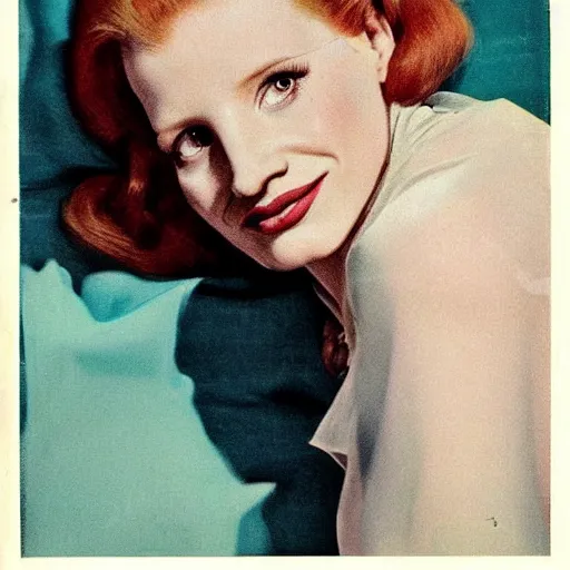 Prompt: “Jessica Chastain portrait, color vintage magazine illustration 1950”